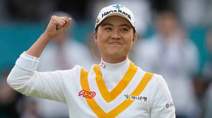 Minjee Lee of Australia celebrates after winning the BMW Ladies Championship at the Seowon Hills Country Club in Paju, South Korea, Sunday, Oct. 22, 2023.